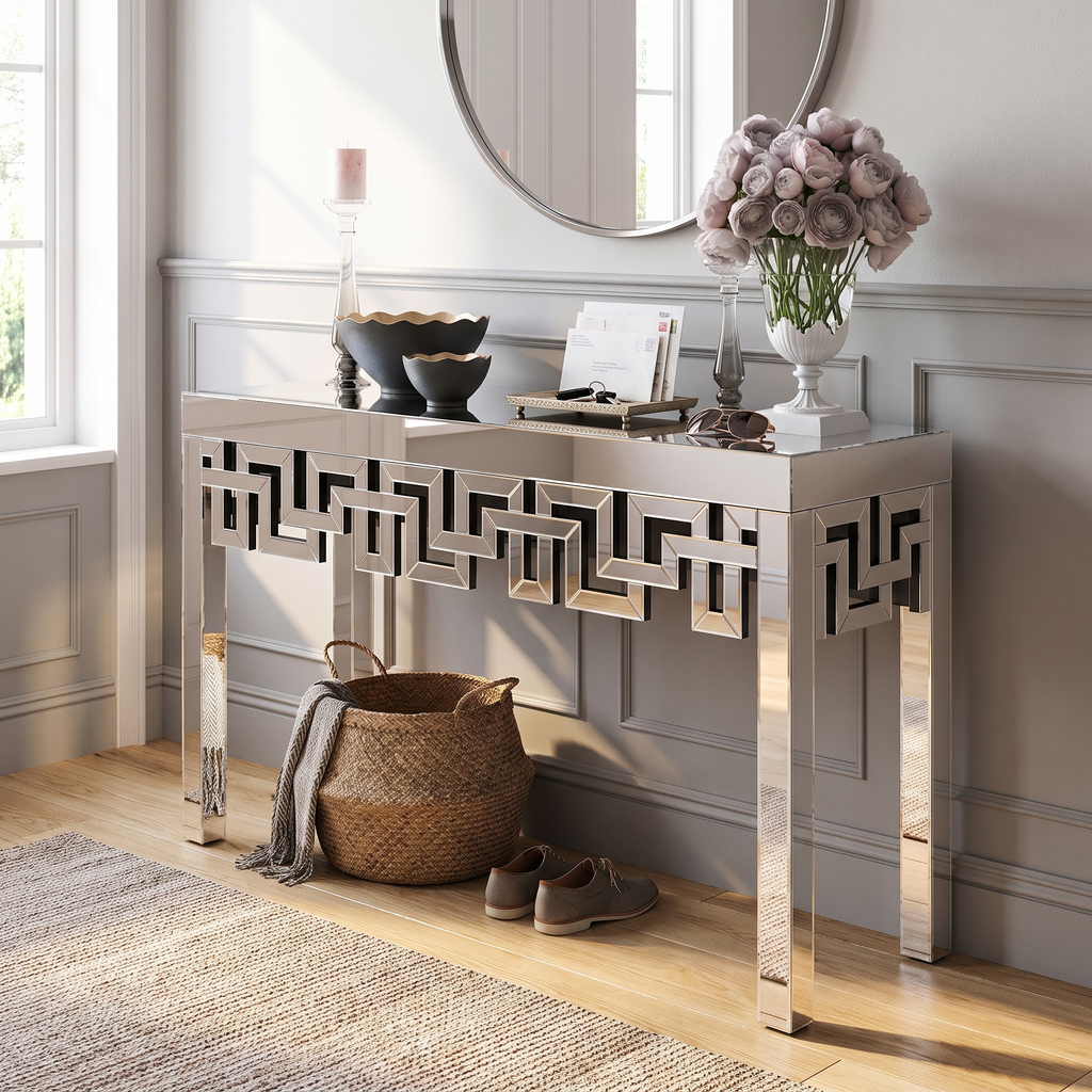 Geometric Silver-Mirrored Console Table lifestyle