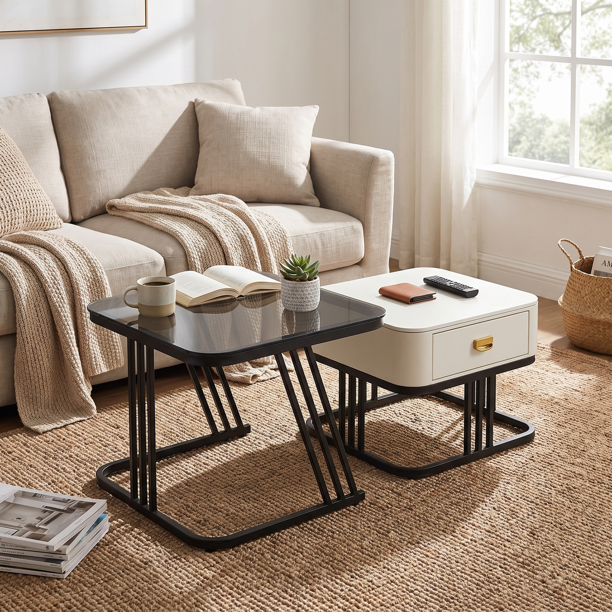 Modern White Square Nesting Coffee Table Set lifestyle
